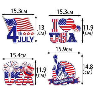Detailed view of July 4th patriotic stickers with USA flag motifs and dimensions