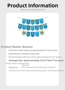 Detailed view of Happy Father's Day bunting banner set with size specs and materials