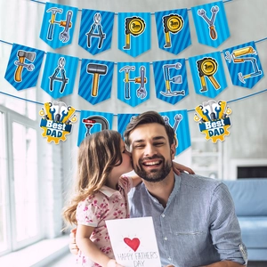 Blue Happy Father's Day banner with tool-themed letters and Best Dad badges for party decor