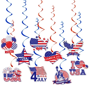 4th of July party hanging swirl decorations with USA flags and American eagle designs