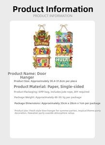 Detailed dimensions of Hawaii Aloha party door hangers featuring Tiki and floral designs