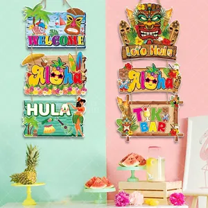 Detail of Hawaii Tiki party door banners featuring Aloha and tropical wood board designs