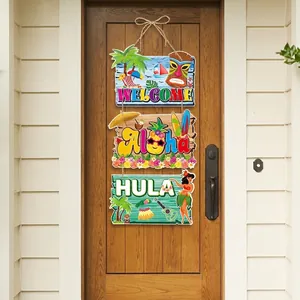 Three-tier Hawaii party welcome banner with Aloha tiki and surfing beach motifs on door