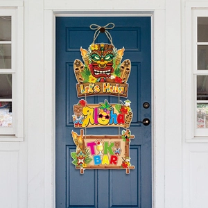 Three-tier Hawaii Tiki party hanging banner featuring Aloha and TIKI BAR signs for wall decor