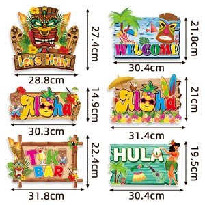 6-pack Hawaii Luau party banners featuring Tiki masks and tropical elements on white background