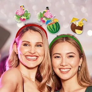 Colorful Hawaiian party headbands featuring flamingos and tropical fruits for summer events