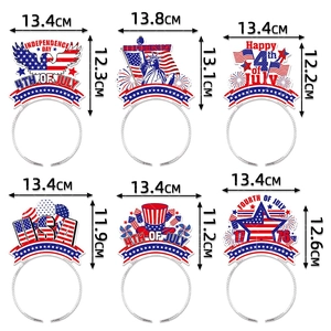 Detailed size chart of six assorted 4th of July party headbands with patriotic motifs