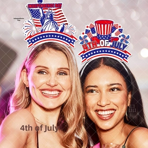 Close-up of two people wearing 4th of July themed headbands with Independence Day designs