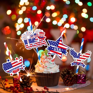 4th of July party straws with American Independence Day eagle and USA flag map decor