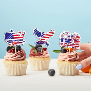 USA Independence Day cupcake toppers with eagle and map designs on blue background