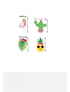 Size chart for Hawaii party cake toppers featuring flamingo, cactus, and pineapple motifs
