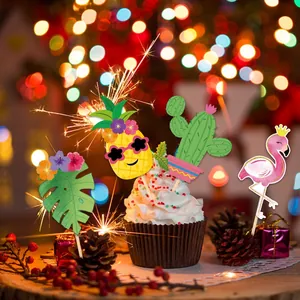 Tropical Hawaii party cake toppers featuring pineapple, flamingo and cactus designs