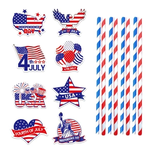 American Independence Day party straws with 4th of July patriotic paper cutouts