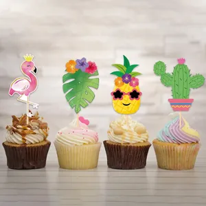 Tropical Hawaii party cupcake toppers set featuring flamingo pineapple and cactus designs