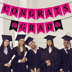Congrats Grad rose pink banner set for 2026 graduation party decor with black string