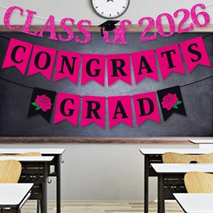 Pink and black Congrats Grad Class of 2026 glitter banners for graduation party decor