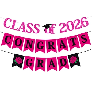 Graduation Banner Congrats Grad Class of 2026 Pink Glitter Paper Bunting For Party Decor Celebration Supplies