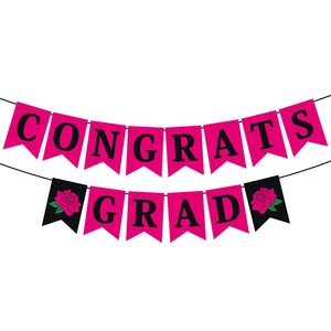 Congrats Grad banner in rose red with floral accents for 2026 graduation party decor