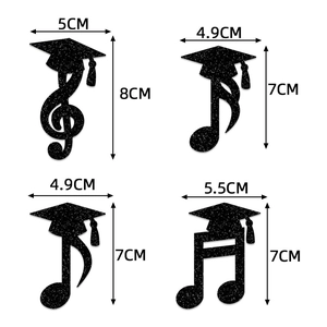 Musical note and graduation cap cake toppers with black glitter finish for grad party