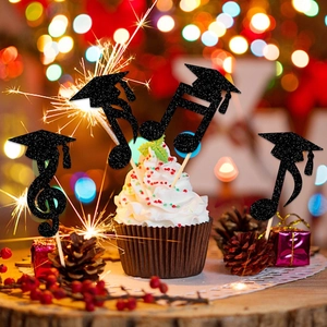 Glitter music notes and graduation cap cake toppers for graduation party dessert decor