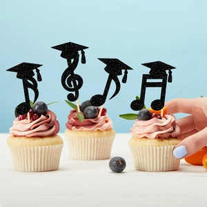 Glittering black music note and graduation cap cupcake toppers for party cake decor