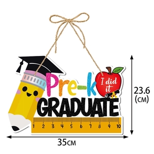 Pre-K Graduate door sign with educational icons and rope hanger for party decor