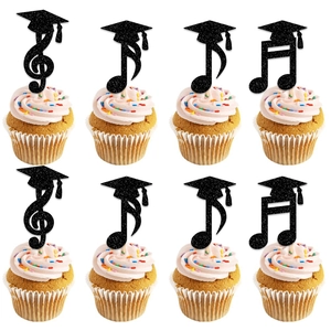 Black Glitter Music Note Cake Toppers Musical Symbols Graduation Cap Picks For Party College Graduation Decorations