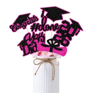 Décorations de vase pour remise de diplôme avec chapeau doctoral et paillettes roses