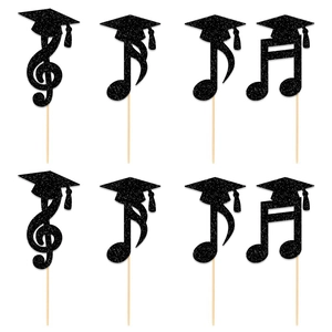 8pcs black glitter music note cupcake toppers with graduation caps for party cake decor