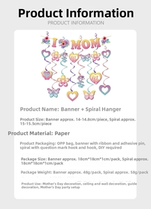 Detailed view of paper Mother's Day banners and spiral tags with I Love MOM slogans