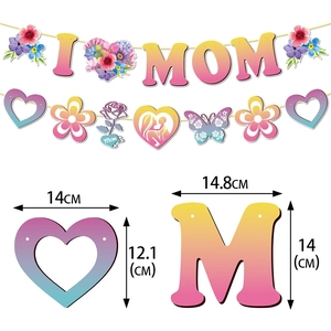 Mother's Day party decoration kit with I LOVE MOM banner and floral hanging swirls