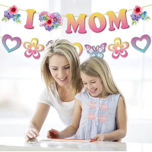 Mother's Day party decoration kit with floral I Love MOM banners and butterfly swirls