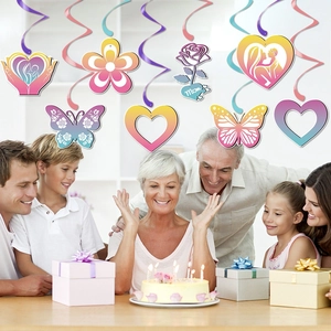 Colorful Mother's Day ceiling swirls decorations with Mom hearts and floral designs