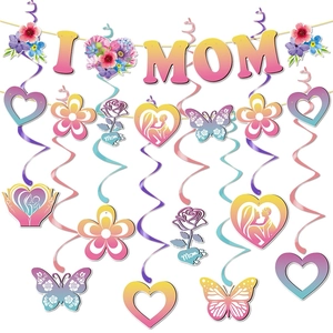 Mother's Day Party Decoration Banner And Swirl Streamers Paper Heart Floral I Love Mom For Home Celebration