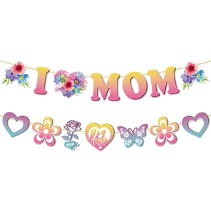 Mother's Day party banner set with I Love Mom letters and colorful floral silhouettes