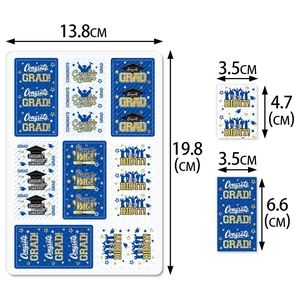 Size chart for blue and gold graduation party stickers with various award patterns