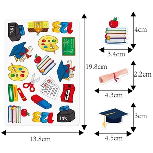 Kindergarten graduation party stickers with school motifs and detailed size layout