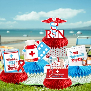 Nurse Appreciation Day party table decorations with colorful paper honeycomb base ornaments