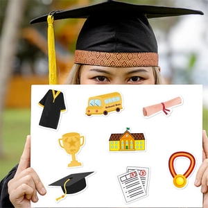 Kids kindergarten graduation stickers set with diploma and school bus on a display board