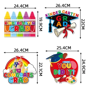 Kindergarten graduation door signs set featuring crayons and graduation caps banners
