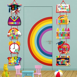 Two-piece kindergarten graduation door banner set with colorful school themed paper cutouts