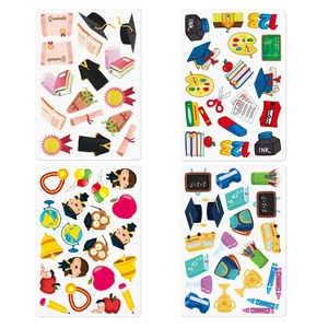 Cartoon graduation stickers set with mortarboard, school bus and certificates for kids