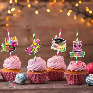 Hawaii themed graduation party straw toppers with pink tiki and diploma decorations
