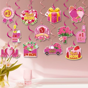 Pink Mother's Day party spiral hanging decorations with glitter cardstock icons