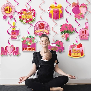 Pink Mother's Day ceiling swirl decorations with hearts and floral card hangings