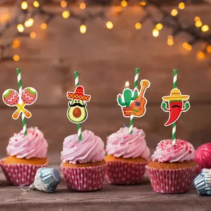 Mexican Fiesta cupcake toppers featuring maracas, avocado, cactus, and chili on straws