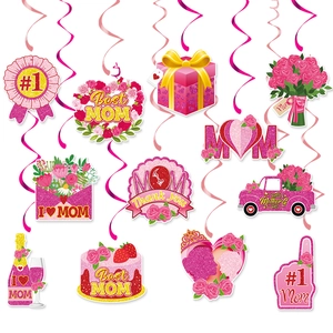 Mothers Day Hanging Swirl Decorations Paper PVC Ceiling Spiral Pendants Best Mom Party Pink Glitter Style Ornament