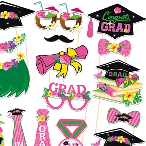 Hawaiian graduation photo booth props with tropical floral hats and funny eyewear
