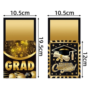 Graduation party tableware card with black gold glitter design and size dimensions