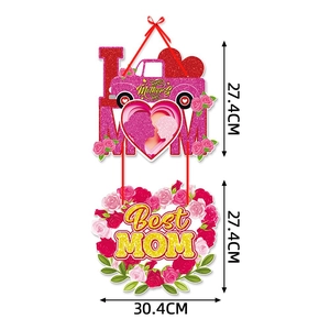 Detailed view of Mother's Day pink truck and rose wreath hanging sign with dimensions